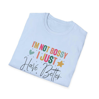 Unisex white V-neck I'm Not Bossy T-shirt with empowering slogan and size guide table