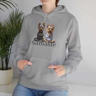 White Yoga Namaste Hoodie with Yorkshire Terriers design and kangaroo pocket