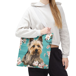 Yorkshire Beach Blue Yorkie Floral Tote Bag