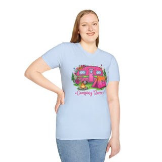 Woman wearing light blue Camping Queen T-Shirt with colorful camper and tent design
