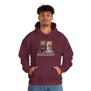 Yoga Namaste Hoodie with Yorkshire Terriers and kangaroo pocket in soft white fabric