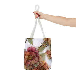 Vintage Peony Tote Bag with watercolor floral print in rose, apricot, and olive tones, featuring white cotton handles and a lightweight polyester body.