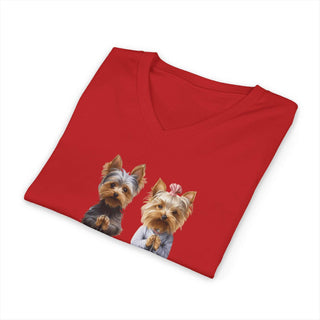 Yorkie Namaste V-Neck T-Shirt with lightweight cotton fabric and stylish fit for yoga and dog lovers