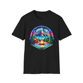 Black unisex softstyle t-shirt with colorful camping vibes graphic featuring mountains, trees, tent, and campfire.