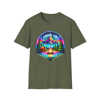 Unisex softstyle t-shirt with colorful camping vibes graphic featuring mountain, tent, campfire, and trees on olive green background