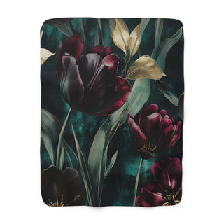 Dark Tulips Sherpa Blanket with deep teal velvet-like front, burgundy tulips, golden leaves, and plush sherpa fleece back.