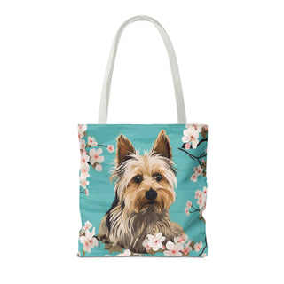 Yorkshire Beach Blue Yorkie Floral Tote Bag