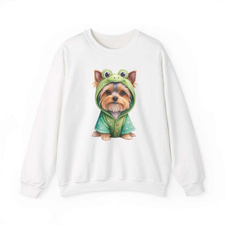 Embroidered Yorkie in frog costume on cozy crewneck sweatshirt