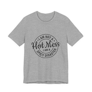 Hot Mess Spicy Disaster lightweight cotton t-shirt with cheeky hand-lettered badge and classic crew neck