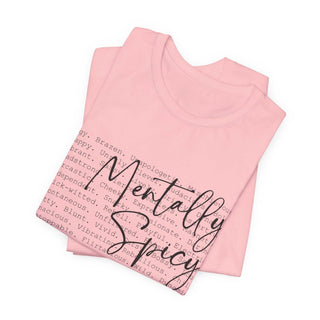 Mentally Spicy Unisex Jersey T-Shirt size guide with dimensions and care instructions