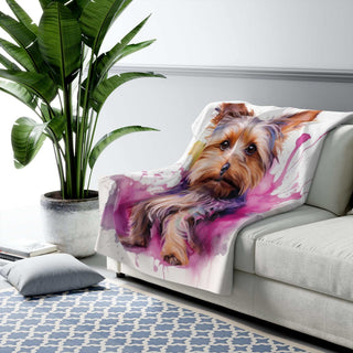 Yorkshire Terrier Watercolor sherpa fleece blanket with plush sherpa back and colorful hand-painted Yorkie design