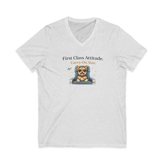 First Class Attitude V-neck T-shirt with confident dog graphic, lightweight cotton, and relaxed fit