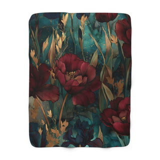 Vintage red poppies floral print sherpa blanket on teal background with plush fleece backing