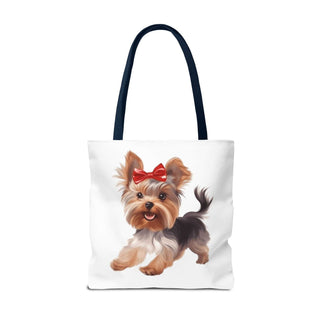 Yorkie puppy tote bag with hand-painted Yorkshire Terrier and red bow on white background