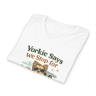 Yorkie Says We Stop for Puppuccinos & Dog Parks V-neck tee with playful Yorkie graphic and lightweight cotton fabric