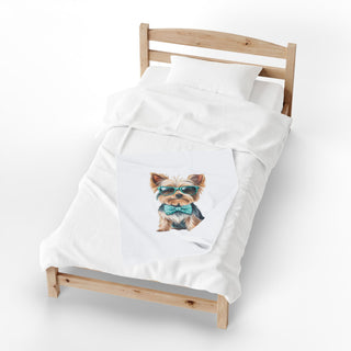 Yorkie in Glasses & Bow Tie Velveteen Plush Blanket