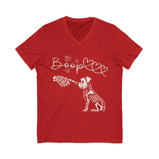 Boop Skeleton Dog V-neck t-shirt with cheeky skeleton dog graphic on soft cotton fabric