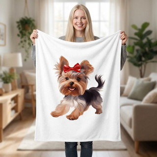 Yorkshire Terrier with Red Bow Velveteen Plush Blanket