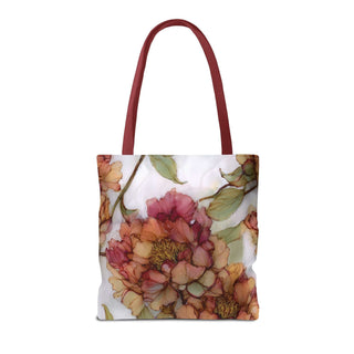 Vintage Peony Tote Bag with watercolor-style blooms in warm rose, apricot, and olive tones, red handles, and reinforced stitching