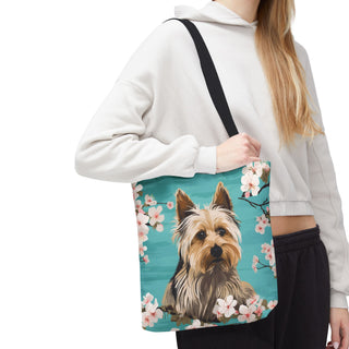 Yorkshire Beach Blue Yorkie Floral Tote Bag