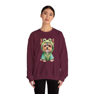 Embroidered Yorkie in frog costume on cozy crewneck sweatshirt