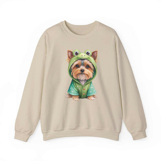 Crewneck sweatshirt with embroidered Yorkie in frog costume design and ribbed collar