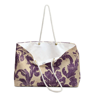 Elegant Damask Weekender Bag with purple damask pattern and sturdy white rope handles, spacious and stylish for travel or casual outings