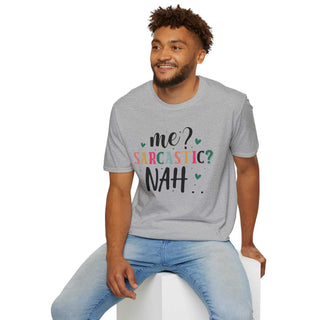 Unisex sarcastic humor t-shirt with "Me Sarcastic?" text, softstyle, 100% cotton, sizes S-3XL, casual comfort design