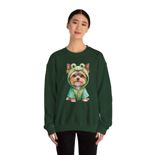Embroidered Yorkie in frog costume on crewneck sweatshirt with ribbed collar and durable cotton blend