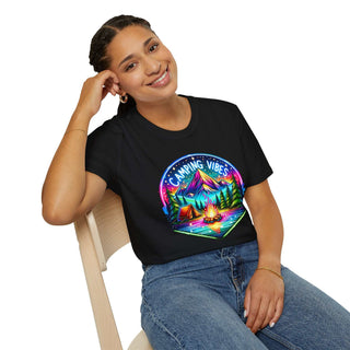Woman wearing black Camping Vibes Unisex Softstyle T-shirt with colorful camping graphic, seated and smiling