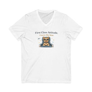 First Class Attitude V-neck t-shirt with confident dog artwork and lightweight cotton design