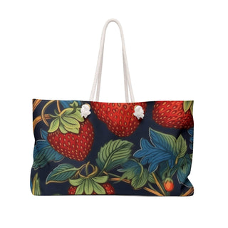 Strawberry Floral Weekender Bag with spacious 24x13 inches, cream interior, and cotton rope handles