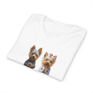 Yorkie Namaste V-Neck T-Shirt with yoga and dog design, lightweight cotton, stylish fit, ethical manufacturing