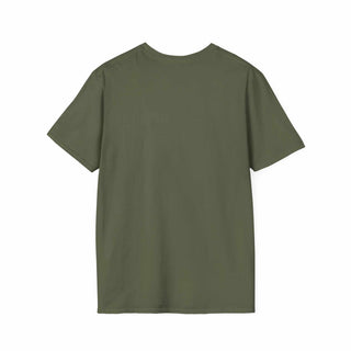 Back view of olive green Camping Adventure Unisex T-Shirt made from soft, lightweight cotton with a classic fit and crew neckline.
