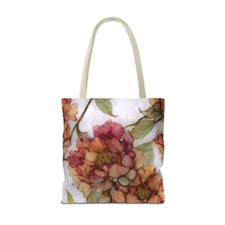 Vintage Peony Tote Bag with watercolor floral design in rose and apricot tones and beige handles