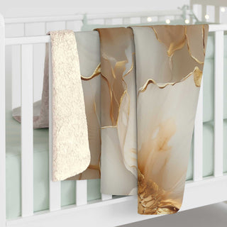Neutral gold floral sherpa blanket with plush fleece and muted flower design, 50x60 inches