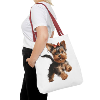 Yorkie puppy tote bag with hand-painted style Yorkshire Terrier and red bow on white background