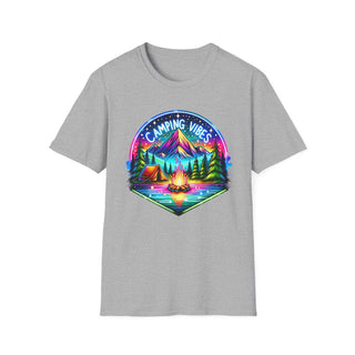 Camping Vibes unisex softstyle t-shirt with colorful mountain, tent, and campfire design on gray fabric