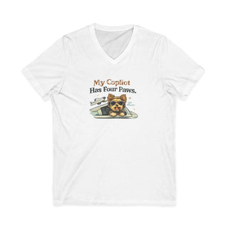 My Copilot Has Four Paws V-neck T-shirt with relaxed dog artwork and breathable cotton fabric