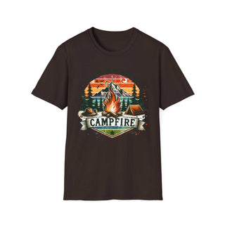 Camping Adventure Unisex T-Shirt with vibrant campfire graphic and outdoor design on dark fabric