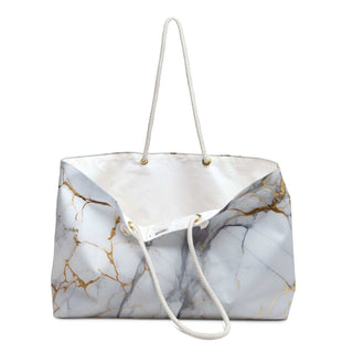 Marble Design Weekender Bag with gold accents and cotton rope handles, 24"x13", elegant travel tote