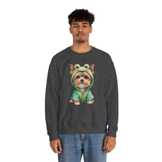 Embroidered Yorkie in green frog costume on cozy crewneck sweatshirt