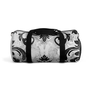 Stylish duffel bag with black and gray gothic design, adjustable shoulder strap, and durable polyester material