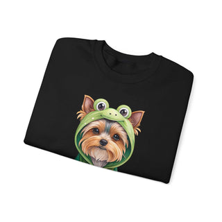 Crewneck sweatshirt with embroidered Yorkie in frog costume design