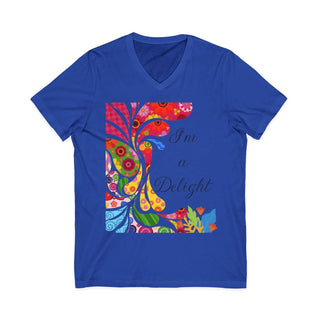 Delight Peacock V-Neck T-Shirt size guide table with measurements and care instructions