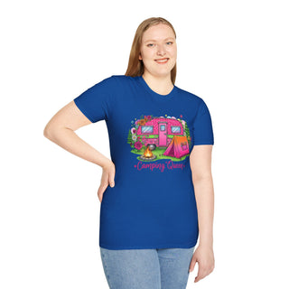 Woman wearing blue Camping Queen T-Shirt with pink camper, tent, campfire graphic