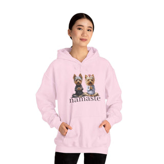 White Yoga Namaste Hoodie with Yorkshire Terrier design and kangaroo pocket