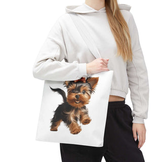 Yorkie puppy tote bag with hand-painted Yorkshire Terrier and red bow on white background
