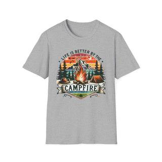 Grey unisex t-shirt with colorful campfire and camping scene graphic and text "Life is better by the campfire"