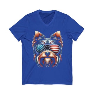 Patriotic Yorkie V-neck T-shirt with stars and stripes design on lightweight cotton fabric